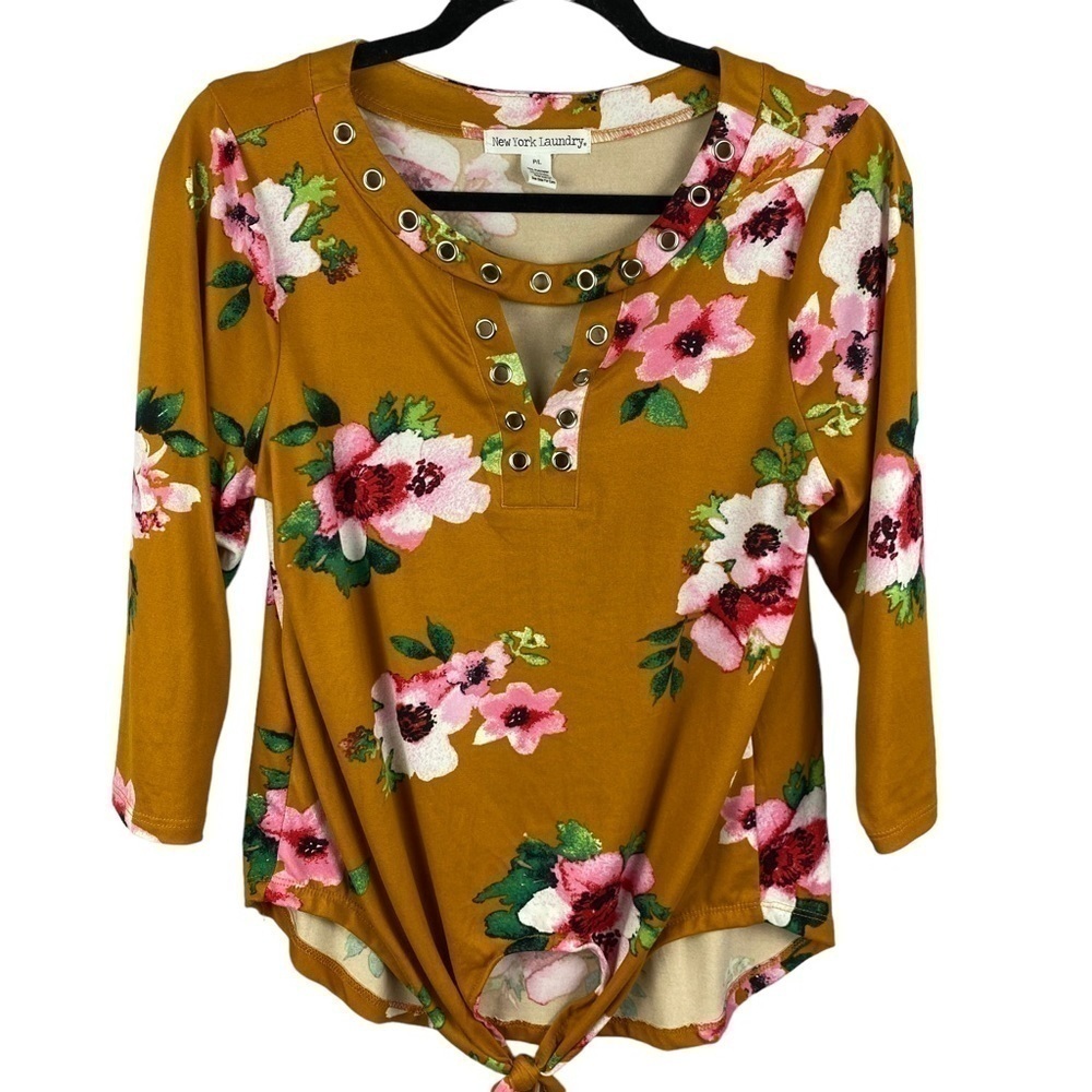 ✨3/$21✨ New York Laundry Floral Tie Front Grommet Neck Top Mustard Size Large